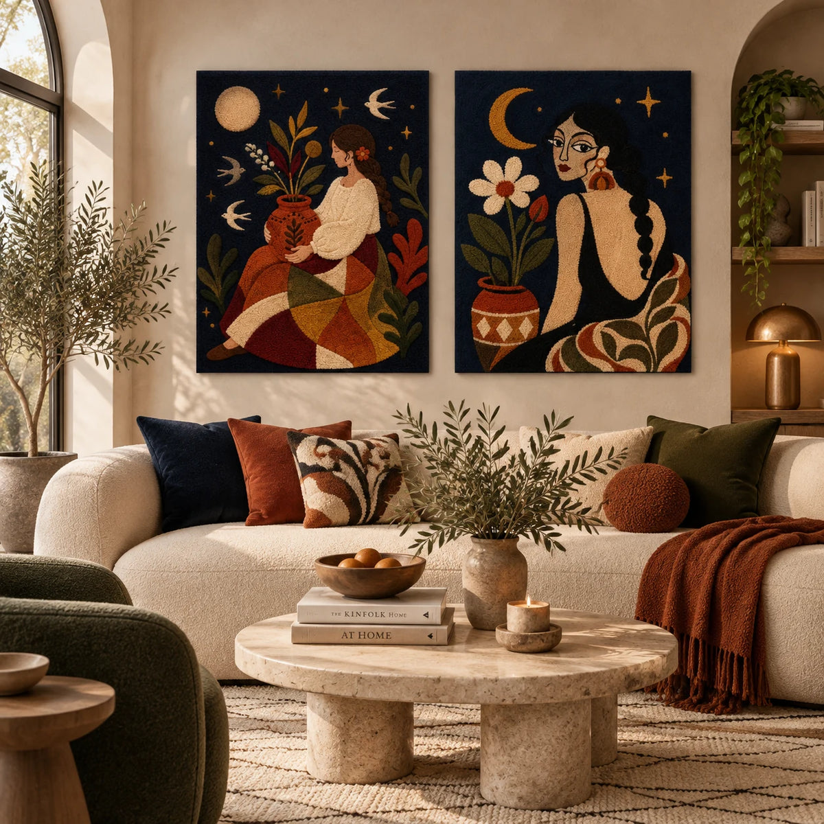 Moon Garden Keeper × Moonflower Reverie paired wool wall art in a styled room — Moon Garden Women