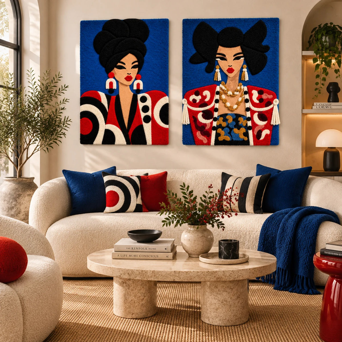Cobalt Rhythm Muse × Scarlet Epaulette Muse paired wool wall art in a styled room — Cobalt Scarlet Couture