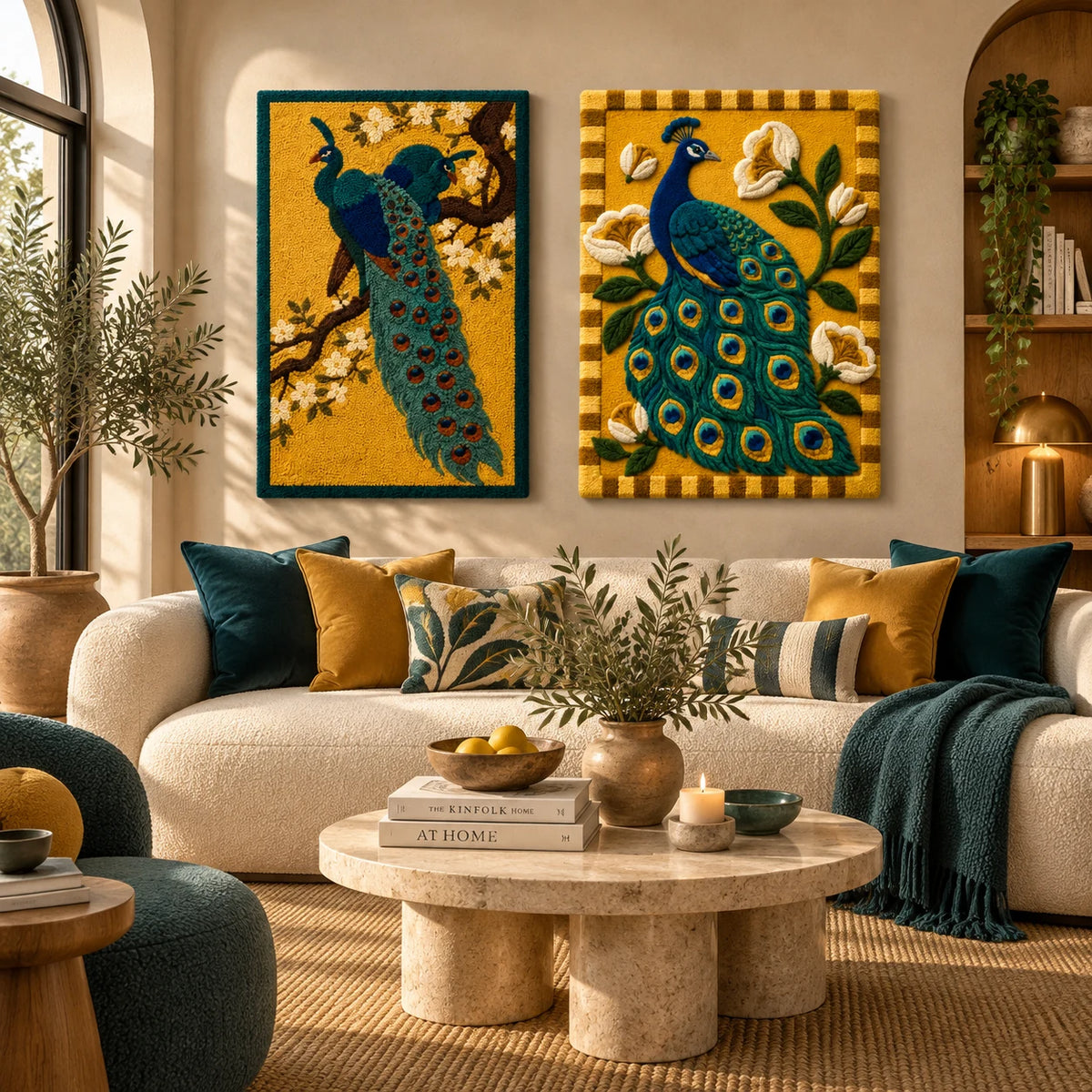 Ember Fable × Luminous Grove paired wool wall art in a styled room — Golden Peacock Gardens