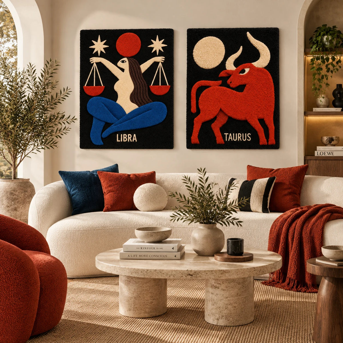 Libra in Balance × Taurus Beneath the Moon paired wool wall art in a styled room — Balance Beneath the Moon