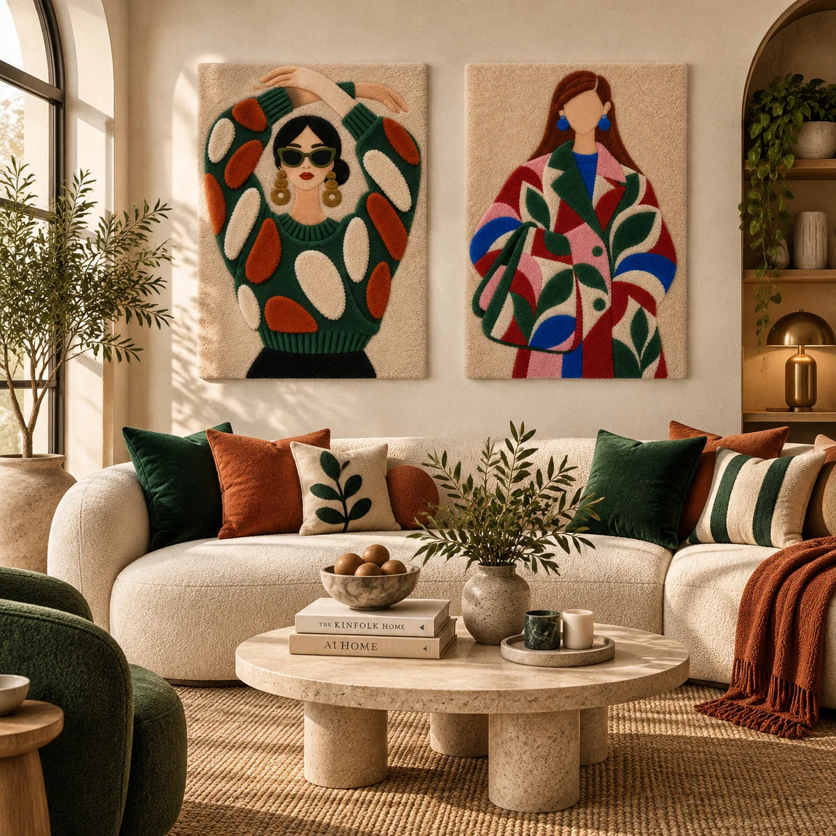 Emerald Pose with Golden Hoops × Garden Arcs Statement Coat paired wool wall art in a styled room — Emerald Shape Statements