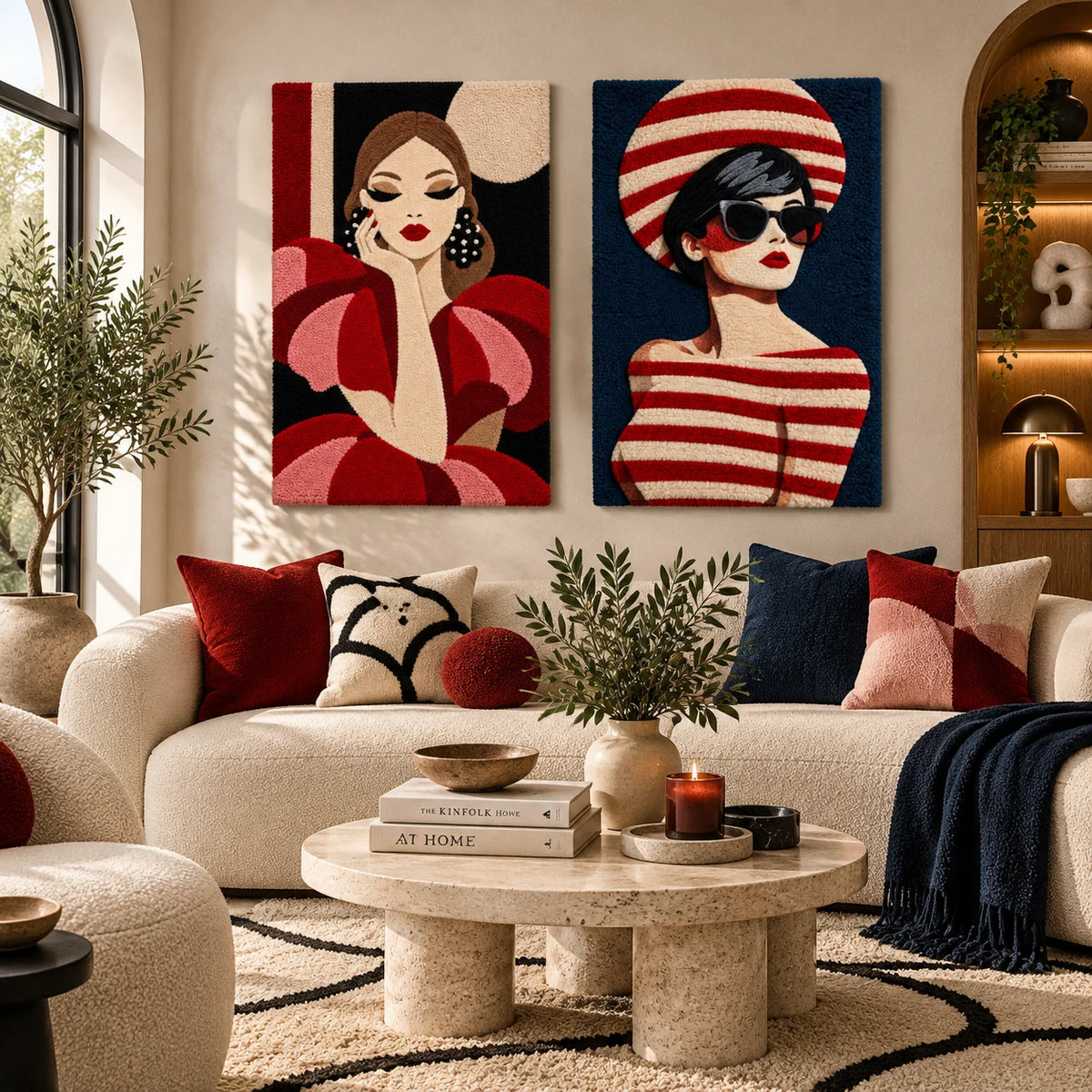 Crimson Ruffles and Pearls × Scarlet Stripe Summer paired wool wall art in a styled room — Scarlet Summer Evenings