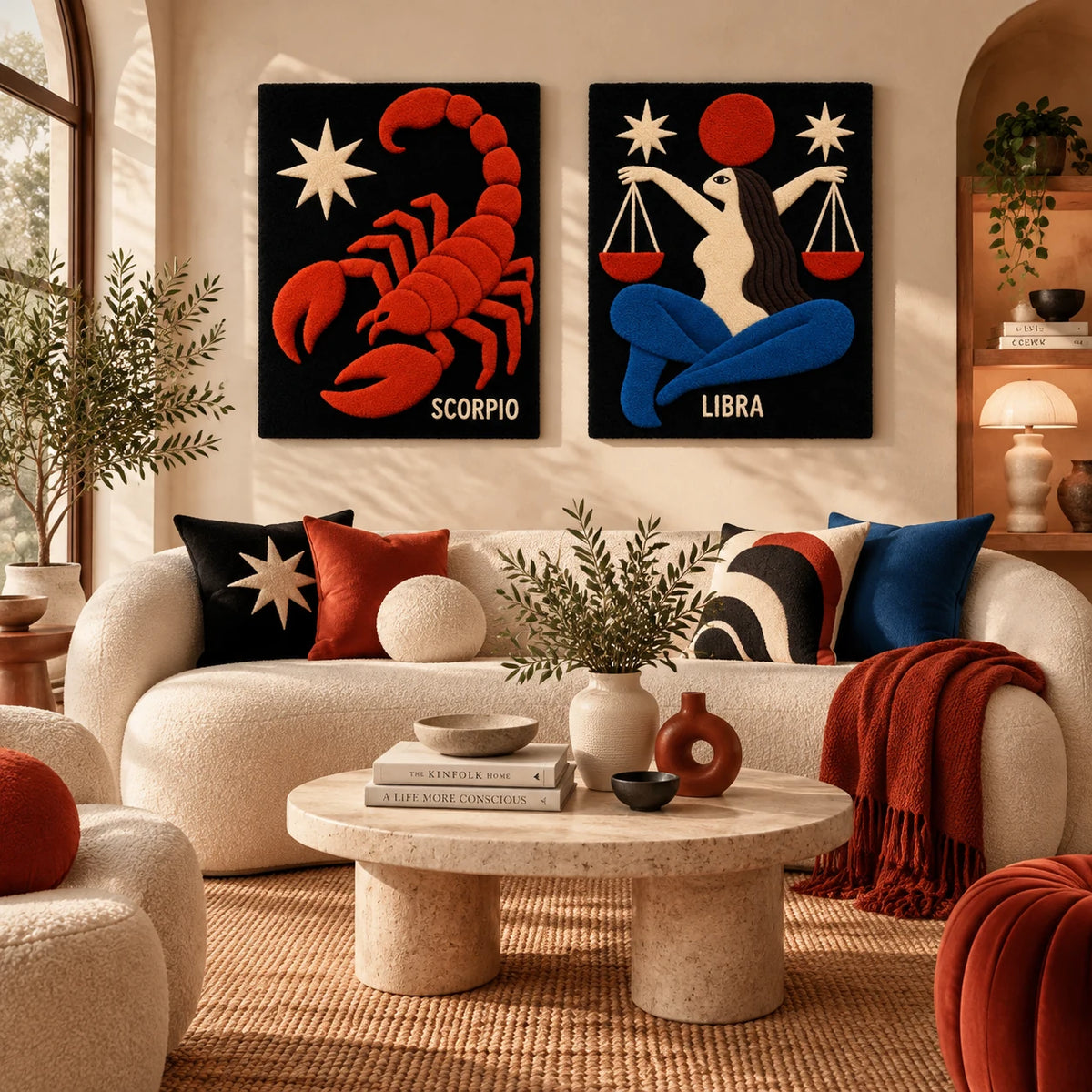 Scorpio Under a Star × Libra in Balance paired wool wall art in a styled room — Stars of Balance