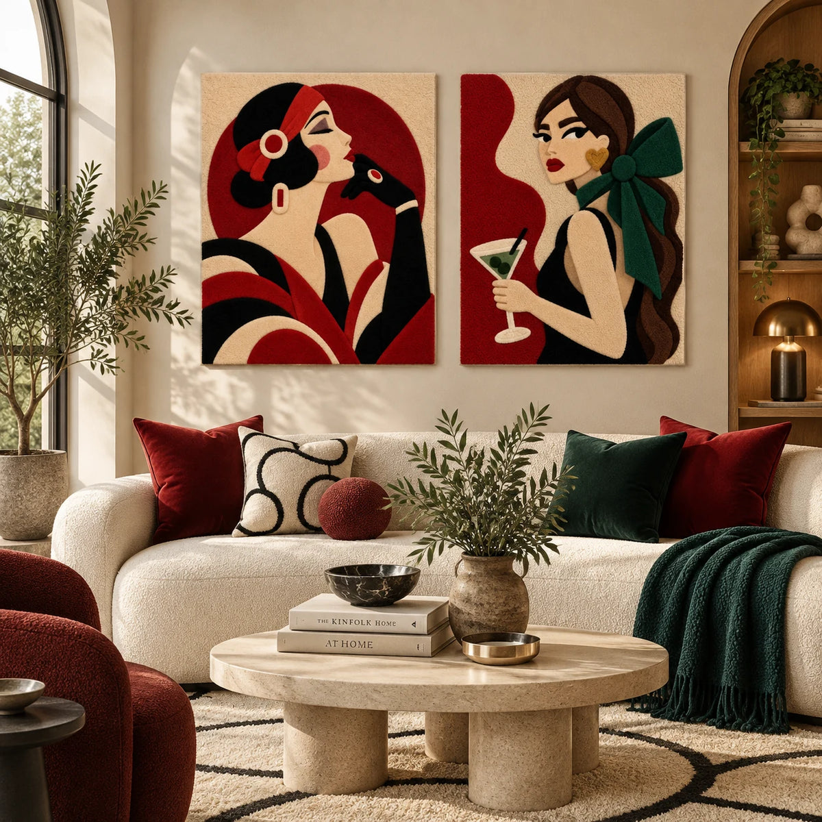 Scarlet Evening Profile × Emerald Bow at Dusk paired wool wall art in a styled room — The Dusk Conversation