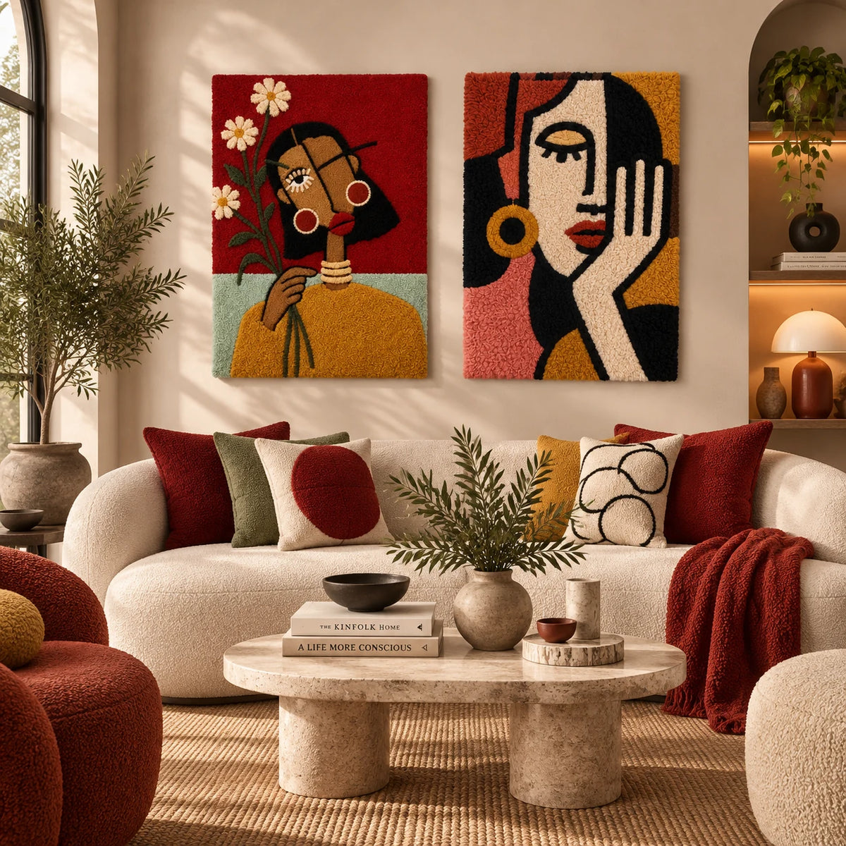 Daisy Red Portrait × Golden Hoop Quiet Reverie paired wool wall art in a styled room — Golden Cubist Reverie