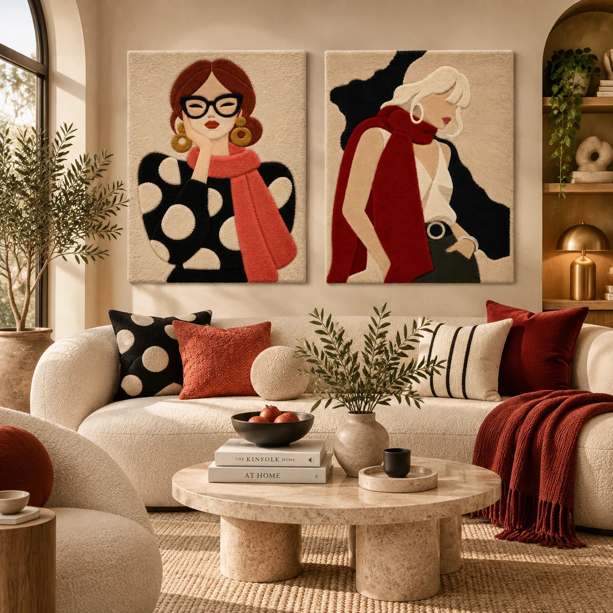Red Scarf and Polka Reverie × Scarlet Scarf Quiet Pose paired wool wall art in a styled room — Scarlet Scarf Reverie