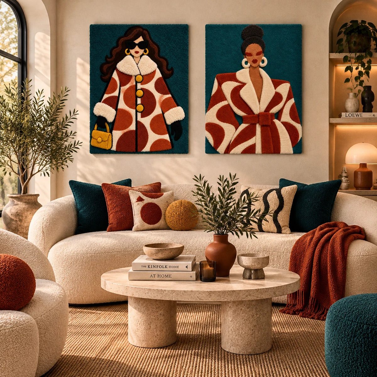 Terracotta Dots Winter Muse × Terracotta Twist Muse paired wool wall art in a styled room — Terracotta Winter Shapes
