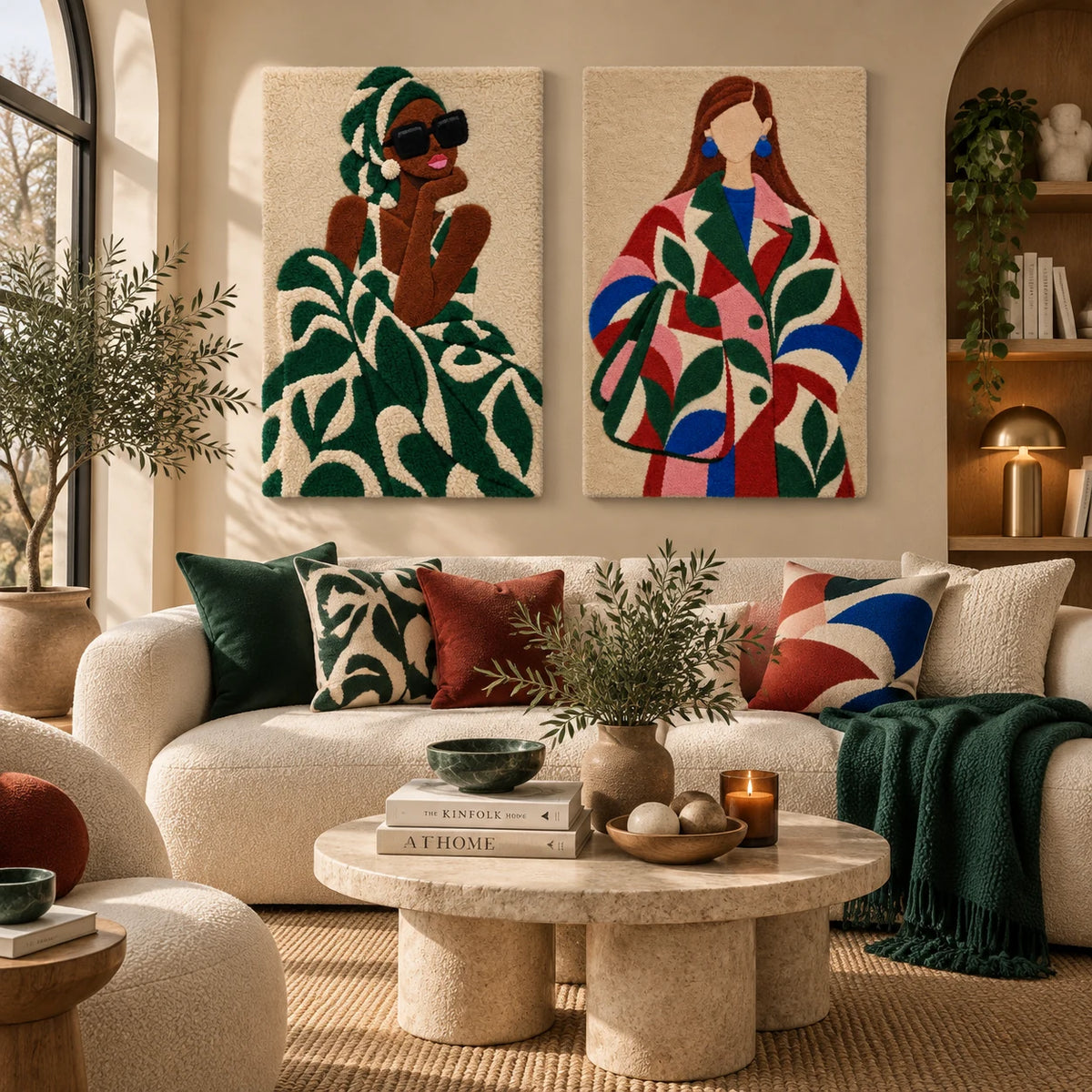Emerald Headwrap Muse × Garden Arcs Statement Coat paired wool wall art in a styled room — Emerald Garden Garments