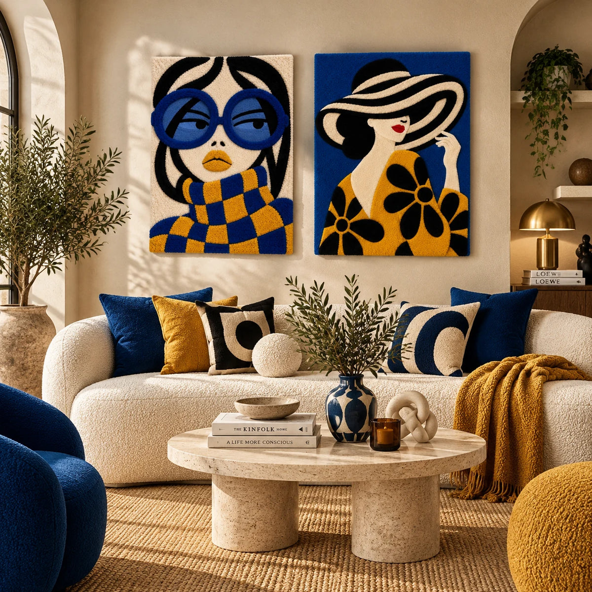 Cobalt Check Daydream × Golden Daisy beneath Waving Brim paired wool wall art in a styled room — Cobalt Golden Daydream