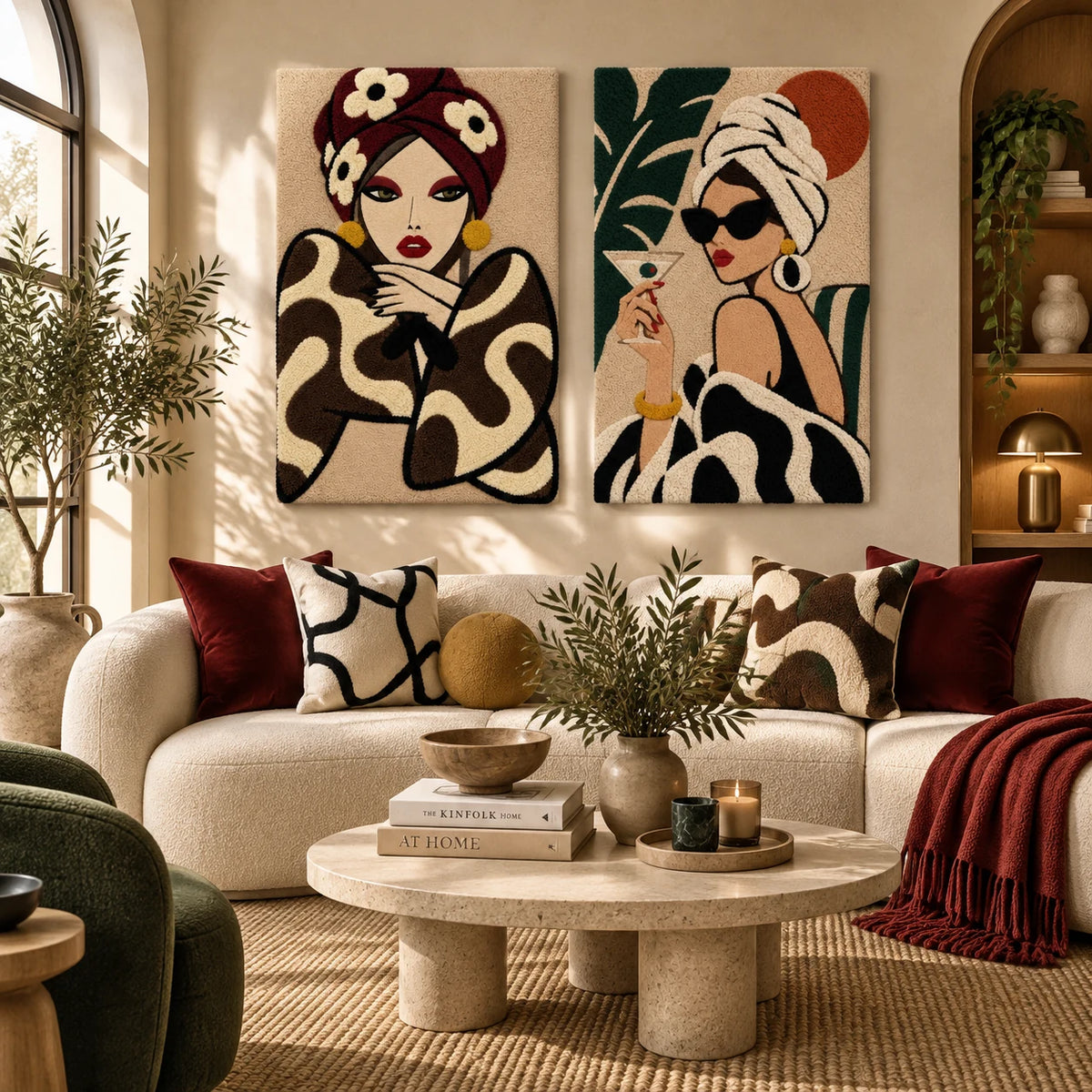 Burgundy Turban Muse × Palm Cocktail Portrait paired wool wall art in a styled room — Turban and Palm Reverie