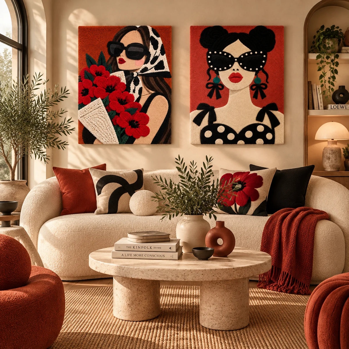 Red Bouquet and Leopard Scarf × Scarlet Polka Dot Muse paired wool wall art in a styled room — Scarlet City Poise