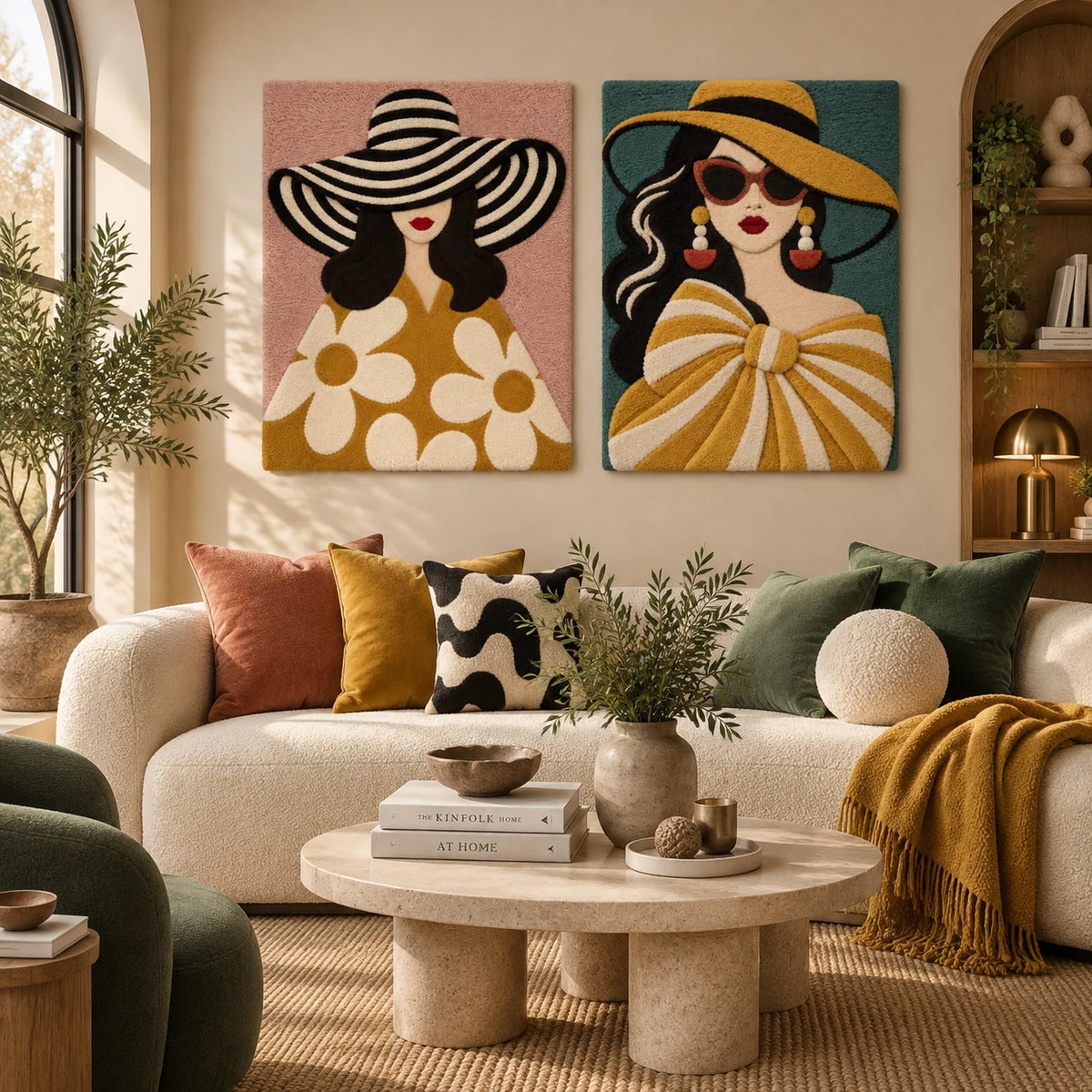 Daisy Dress Blush Afternoon × Golden Bow Muse paired wool wall art in a styled room — Golden Afternoon Muse