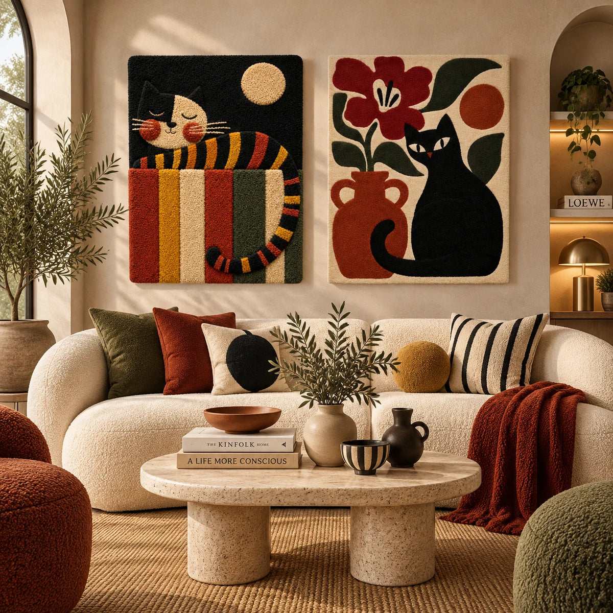 Luminous Dunes × Midnight Cat with Crimson Bloom paired wool wall art in a styled room — Midnight Cat Stories