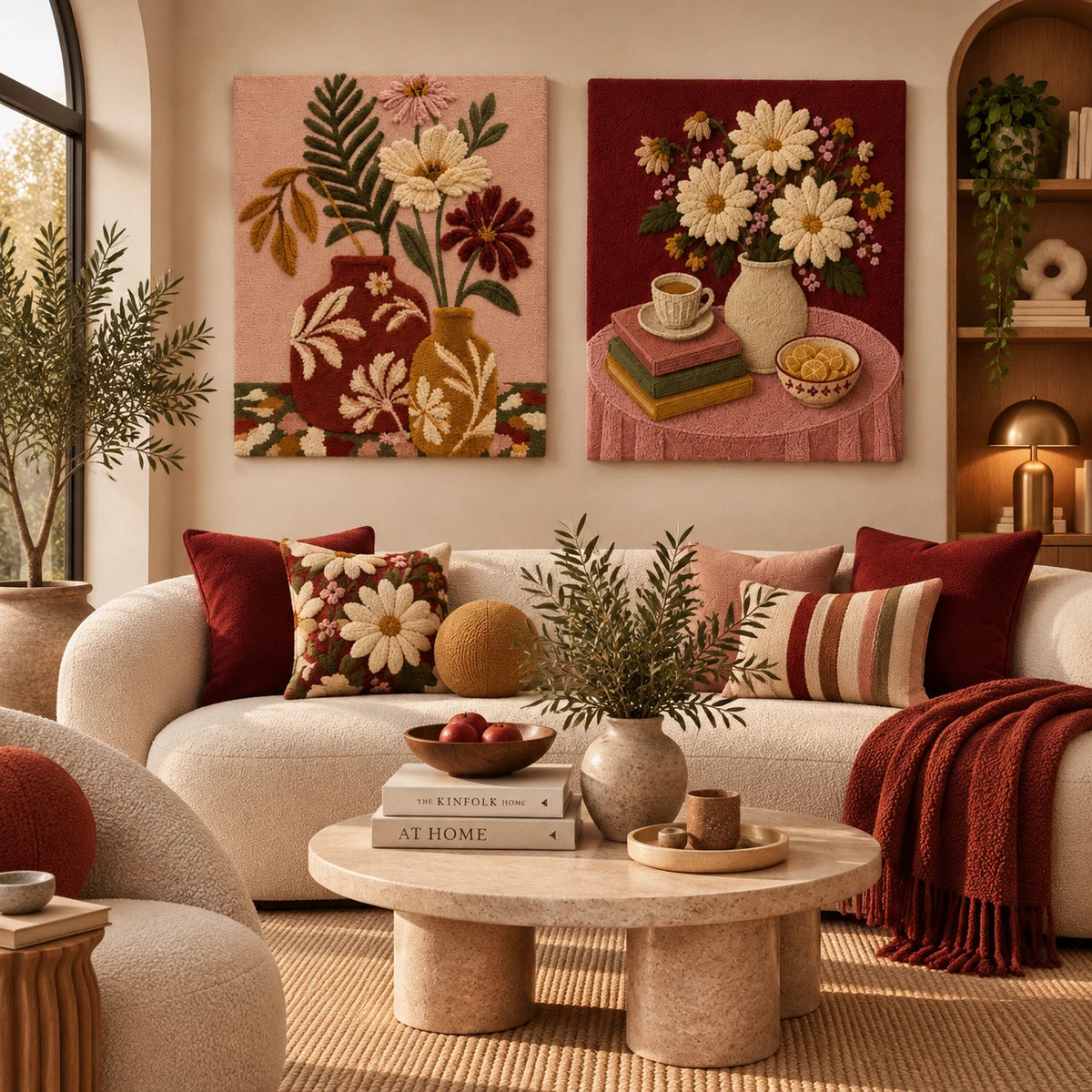 Aster Still Life × Daisy Still Life paired wool wall art in a styled room — Warm Daisy Table