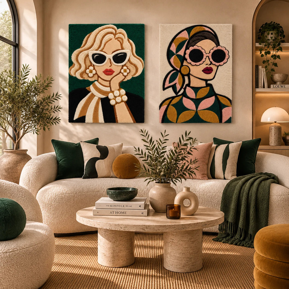 Pearl Hour in Emerald × Petal-Lens Muse paired wool wall art in a styled room — Emerald Pearl Petals