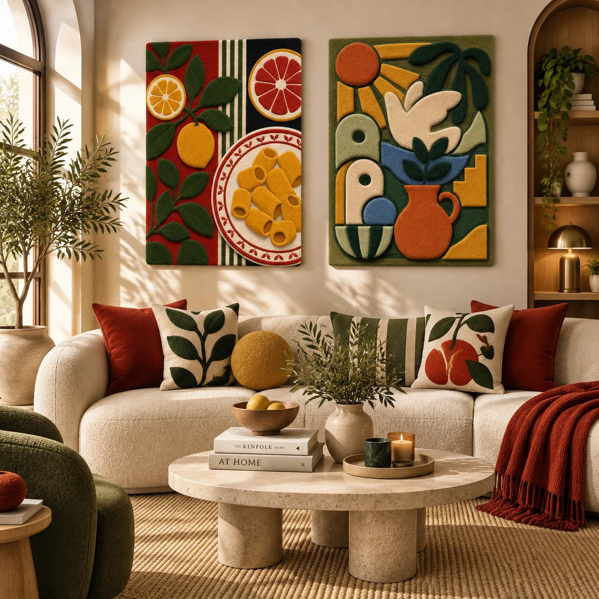 Afterglow Iris × Rose Window paired wool wall art in a styled room — Earth Table Windows