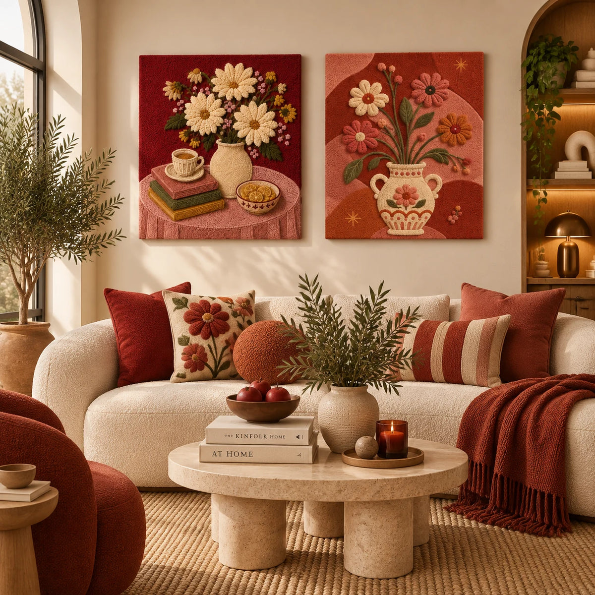 Daisy Still Life × Folk Vase Bouquet paired wool wall art in a styled room — Rose Tea Bouquet