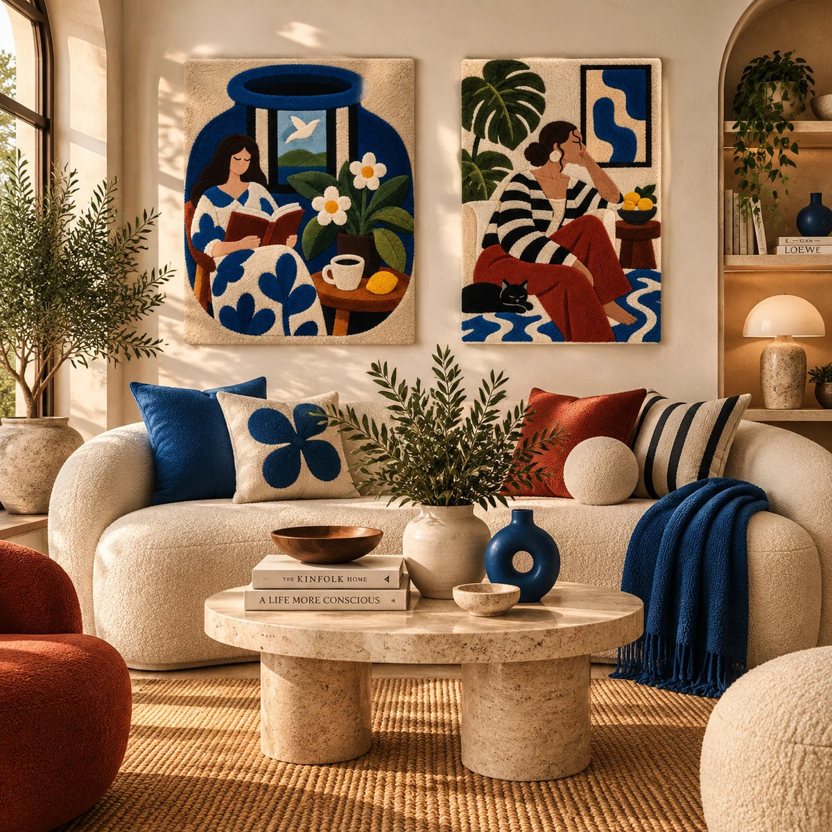 A Chapter in Blue × Afternoon with a Black Cat paired wool wall art in a styled room — Quiet Blue Afternoon
