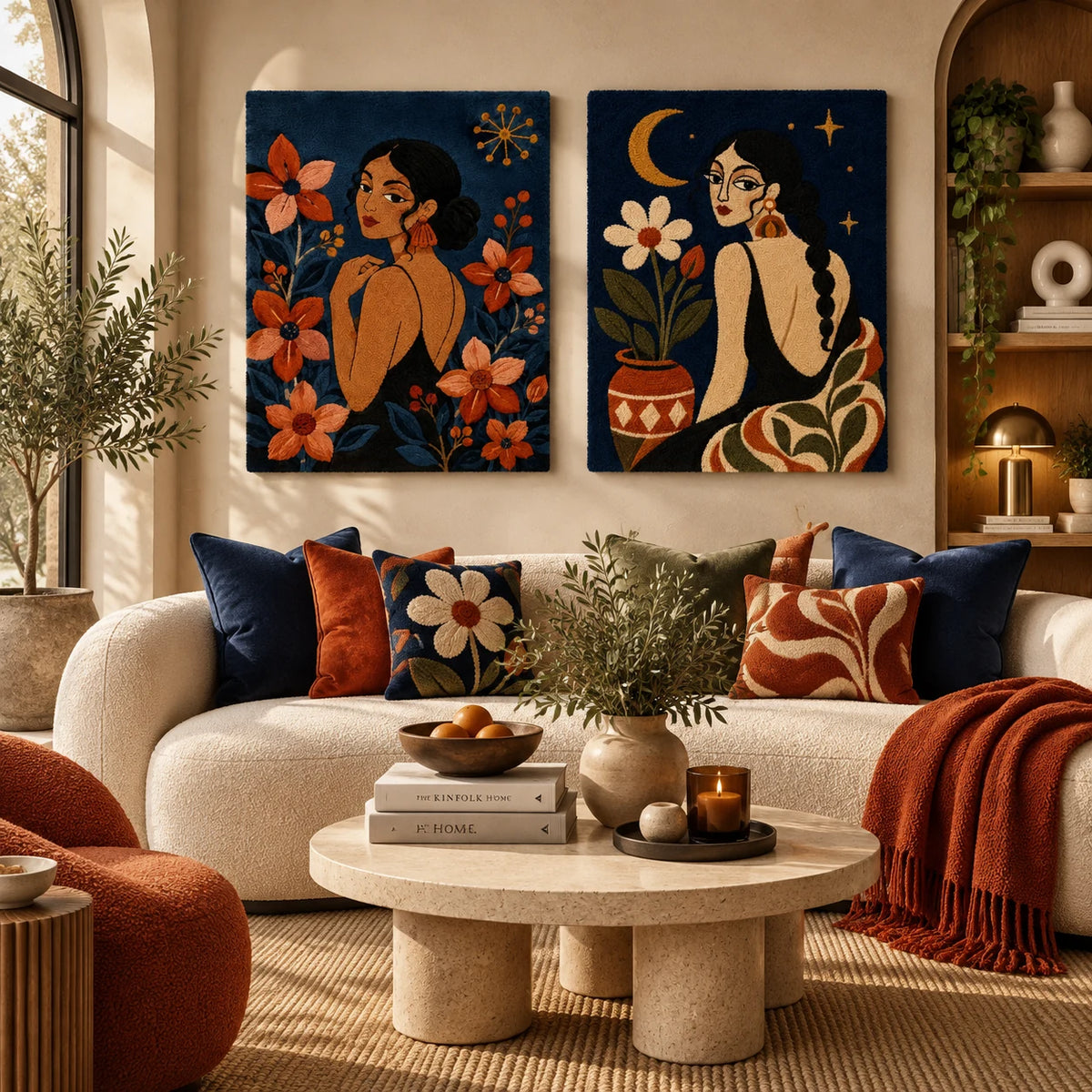 Marigold Muse × Moonflower Reverie paired wool wall art in a styled room — Moonflower Marigold Muse