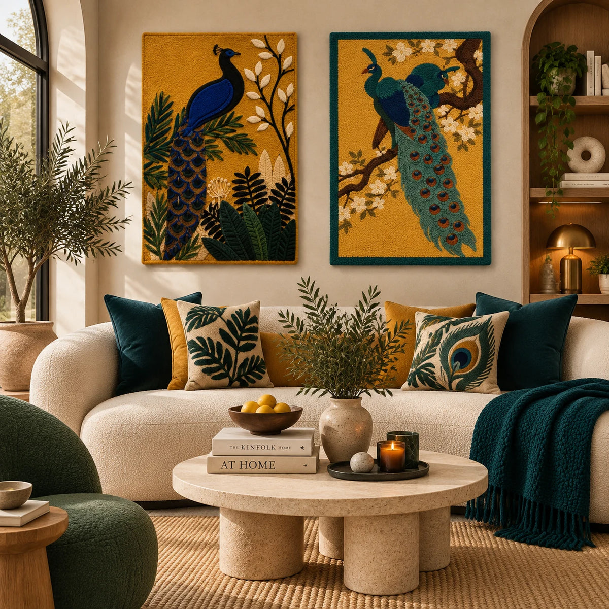 Ember Dawn × Ember Fable paired wool wall art in a styled room — Golden Peacock Gardens Study
