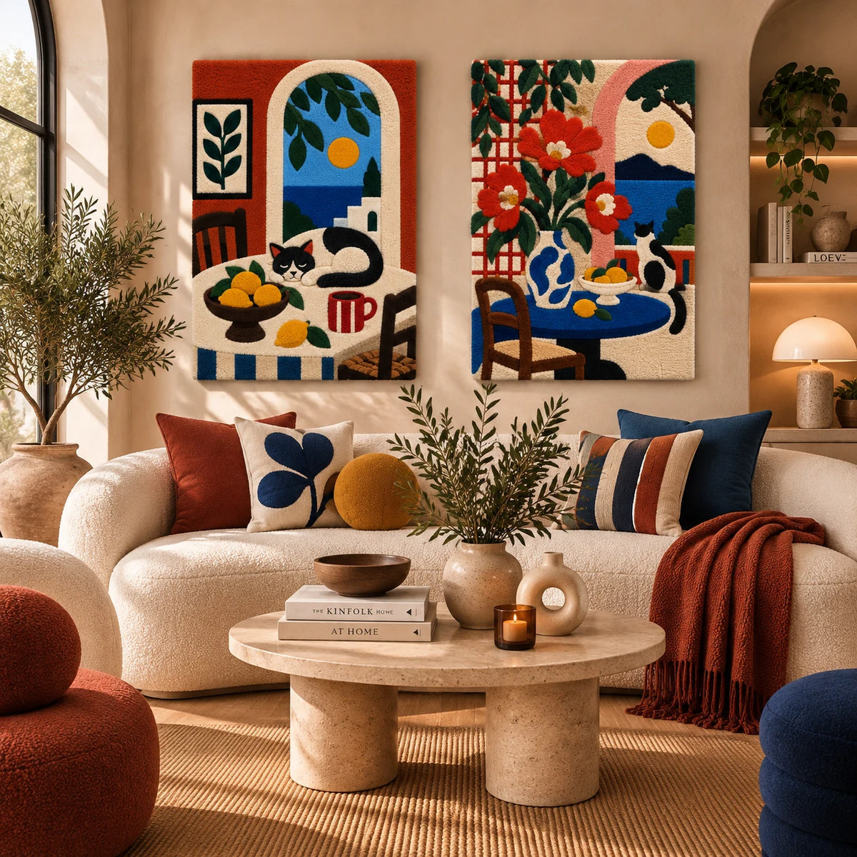Lemon Table Siesta × Poppies Above the Blue Bay paired wool wall art in a styled room — Blue Bay Siesta