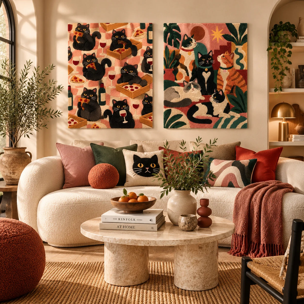 Black Cats at the Pizza Party × Cats in the Courtyard paired wool wall art in a styled room — Courtyard Cat Gathering