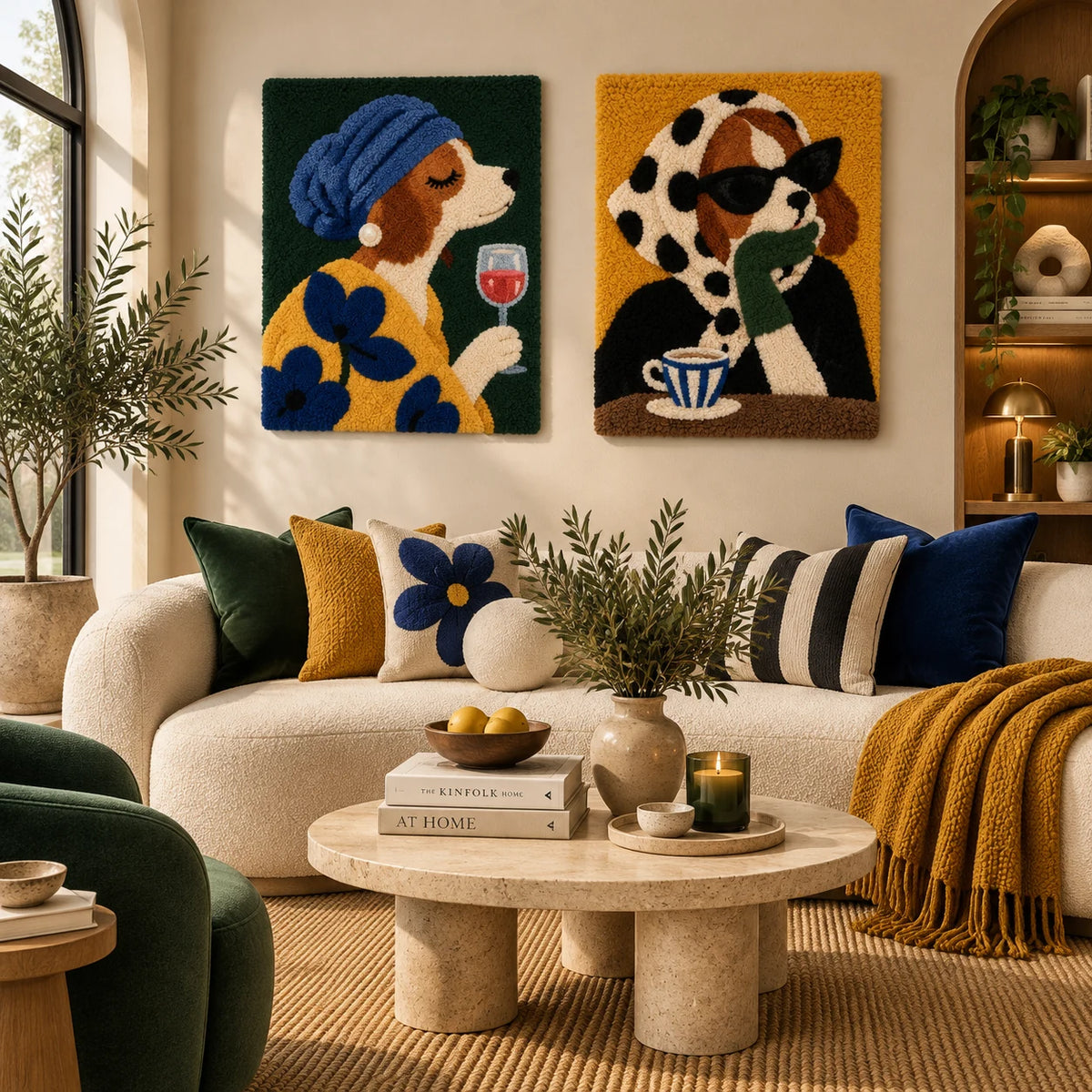 Spaniel at a Blue Hour × Spotted Scarf Cafe Companion paired wool wall art in a styled room — Canine Cafe Hours