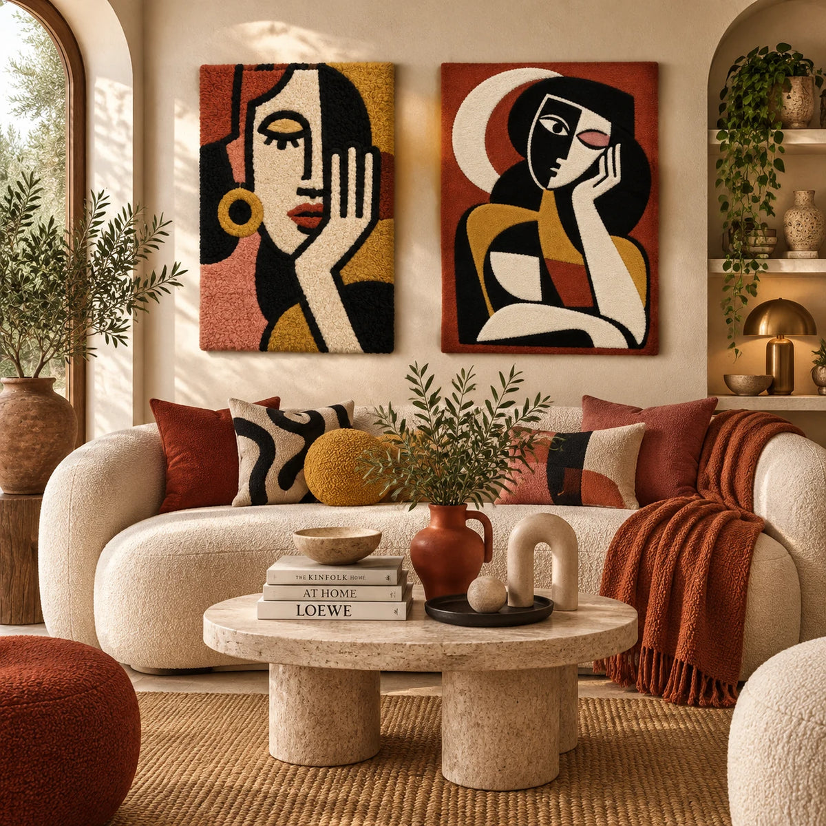 Golden Hoop Quiet Reverie × Terracotta Moon Muse paired wool wall art in a styled room — Terracotta Quiet Muses