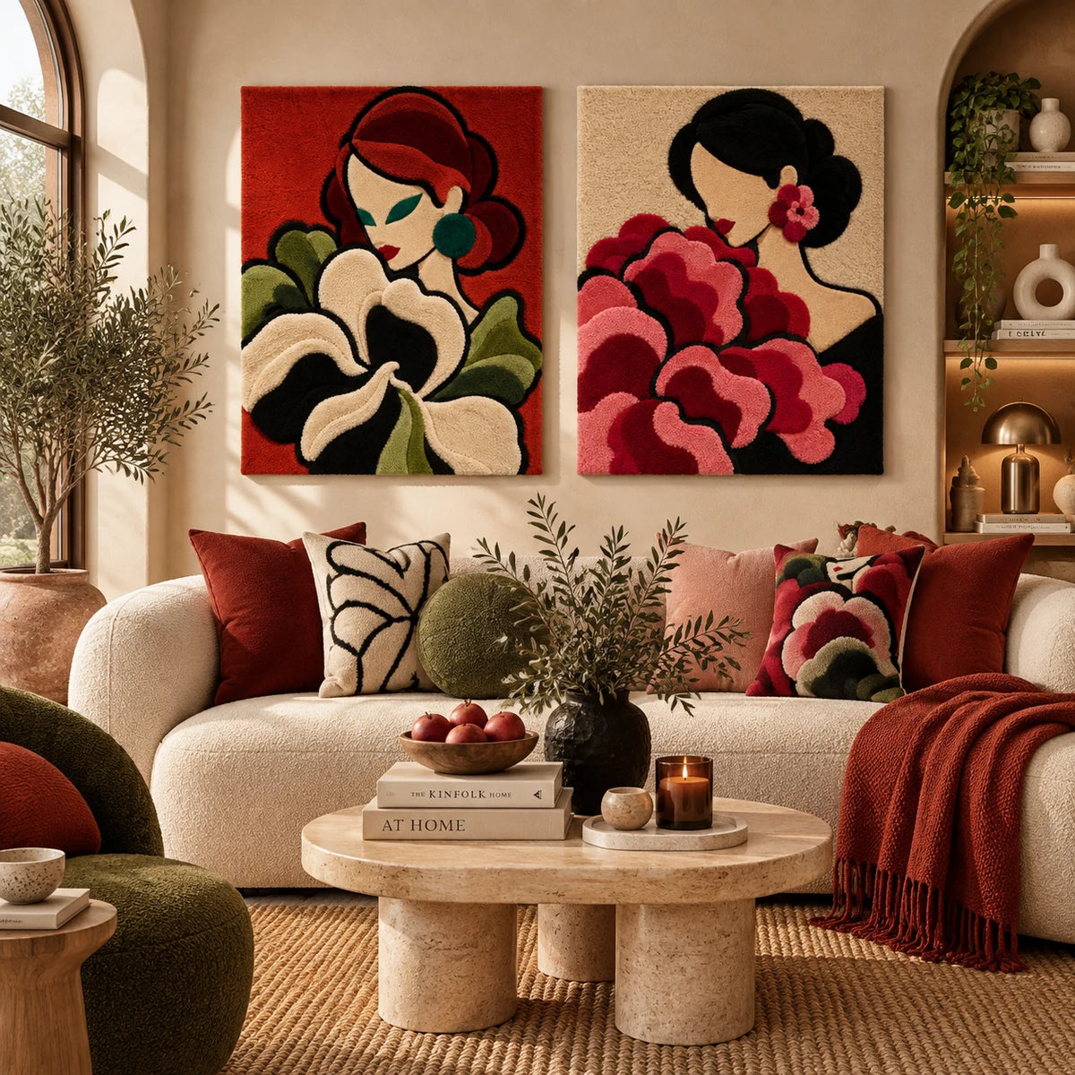 Crimson Muse among Ivory Irises × Rose Ruffles in Quiet Bloom paired wool wall art in a styled room — Scarlet Petal Muses
