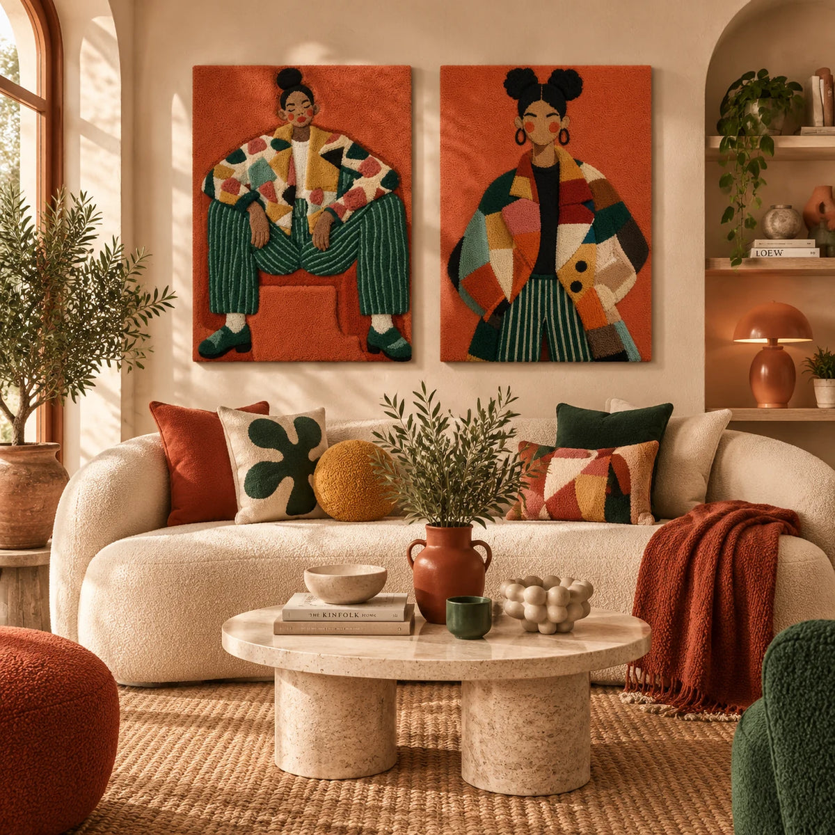Cinder Heath × Ember Crescent paired wool wall art in a styled room — Ember Patchwork Poise