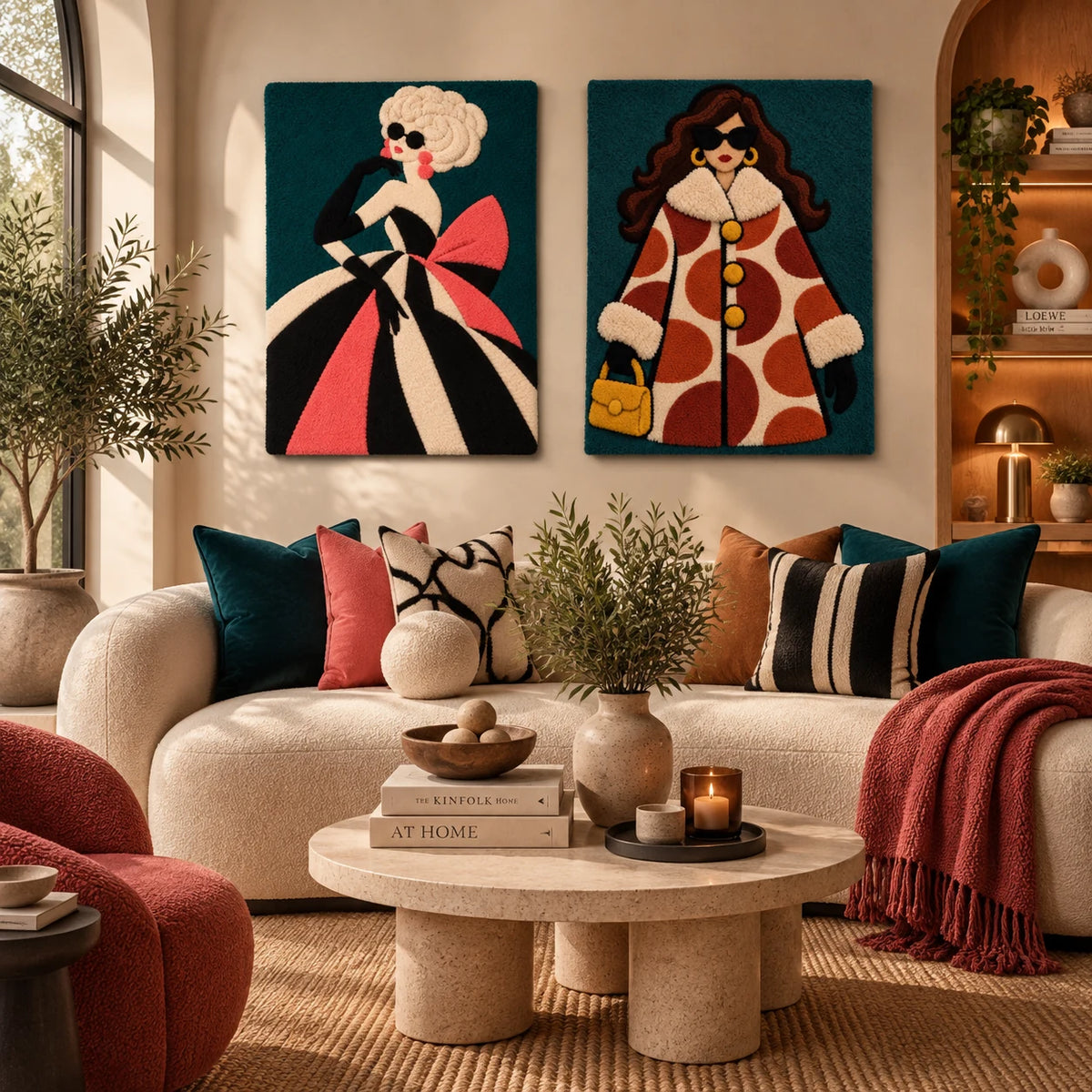 Coral Ribbon Gala × Terracotta Dots Winter Muse paired wool wall art in a styled room — Emerald Fashion Stories