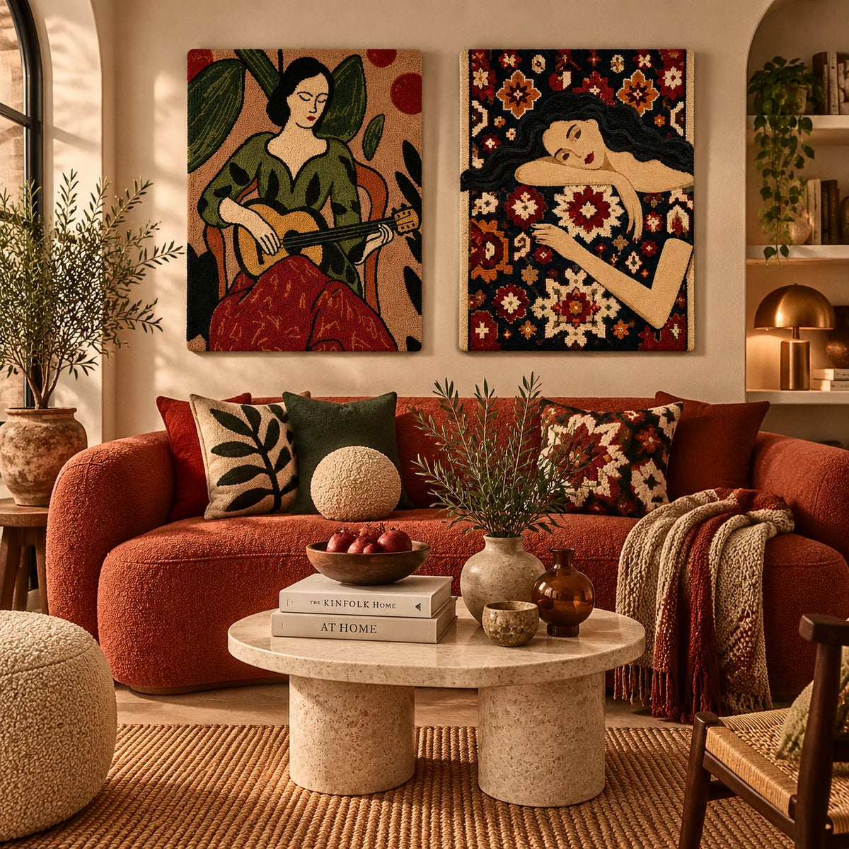 Garden Guitarist × Gilded Isle paired wool wall art in a styled room — Evening Folktales