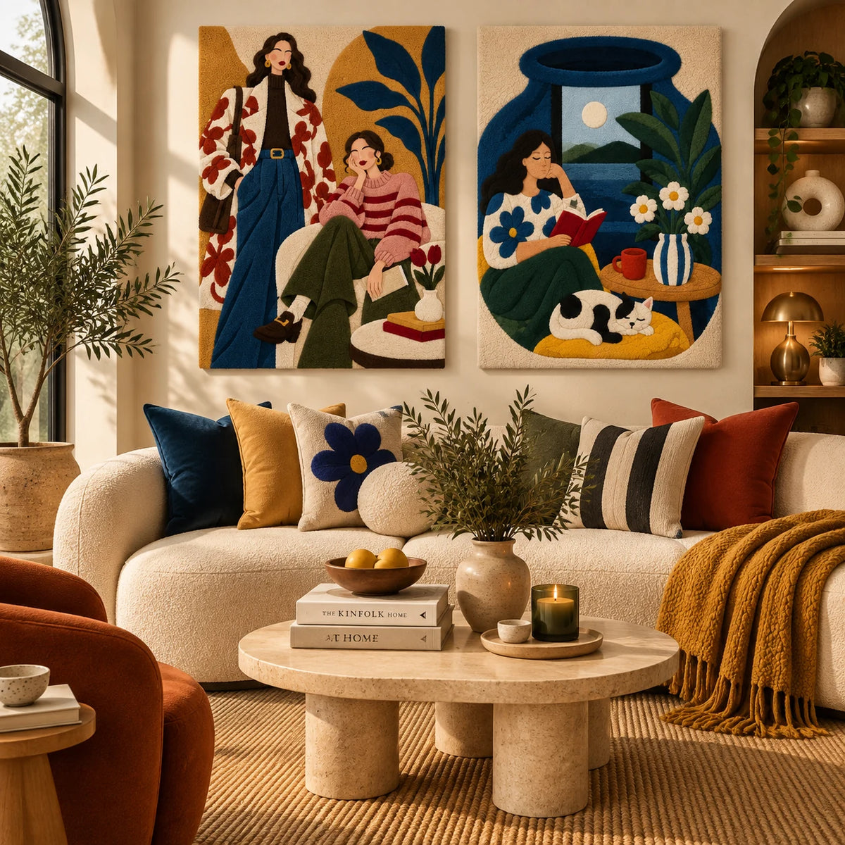 Golden Hour Companions × Moonlit Reading Companion paired wool wall art in a styled room — Golden Hours Study