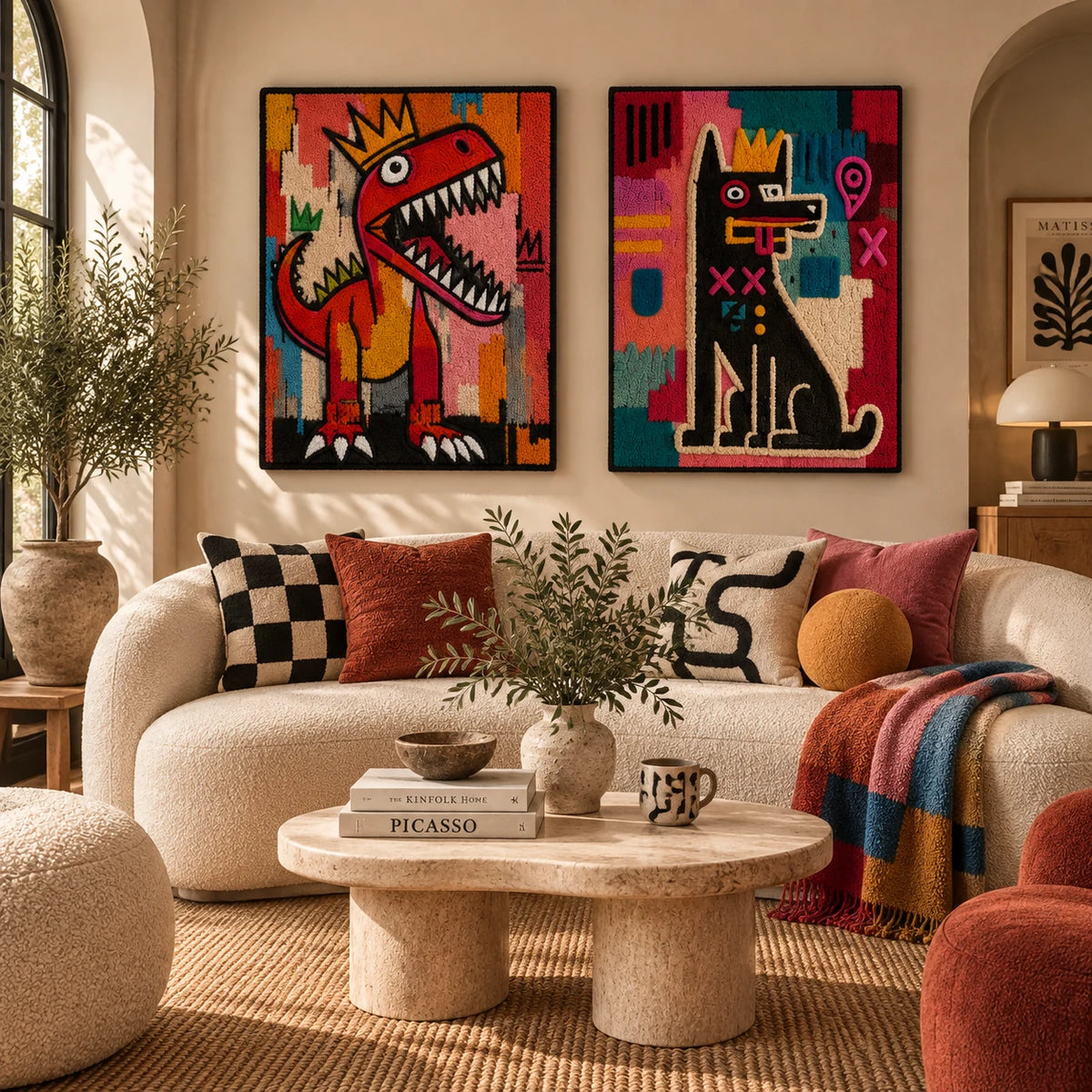 Crowned Red Rex × Signal Cat Totem paired wool wall art in a styled room — Crowned Street