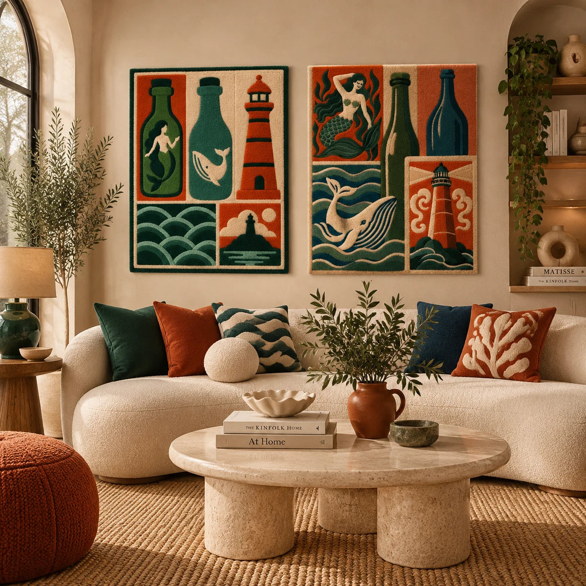 Bottled Sea Legends × Mermaid Wine and Lighthouse paired wool wall art in a styled room — Bottled Tides