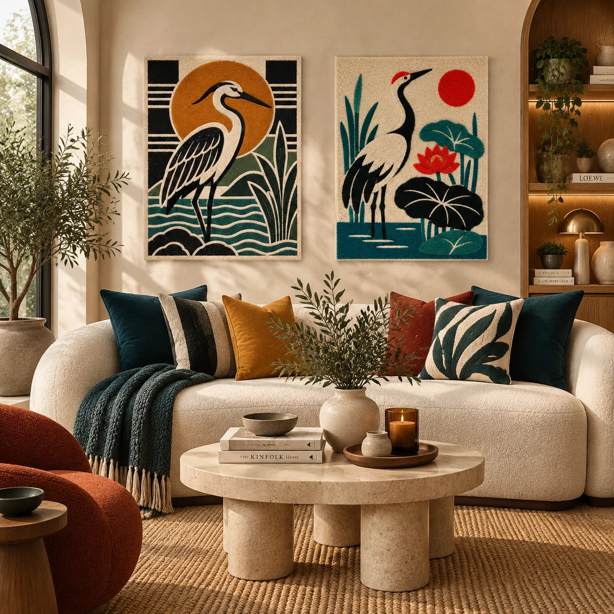 Amber Marsh Heron × Red Sun Marsh Crane paired wool wall art in a styled room — Still Marsh Guardians