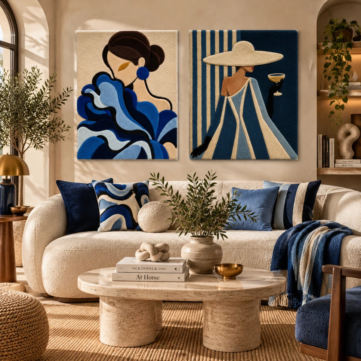 Cobalt Ruffles Quiet Elegance × Midnight Aperitif paired wool wall art in a styled room — Cobalt Evening
