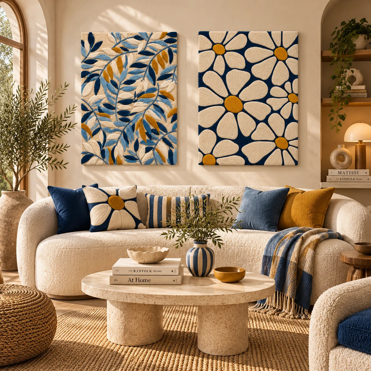 Cubist Profile × Daisy Meadow in Navy and Gold paired wool wall art in a styled room — Navy Garden