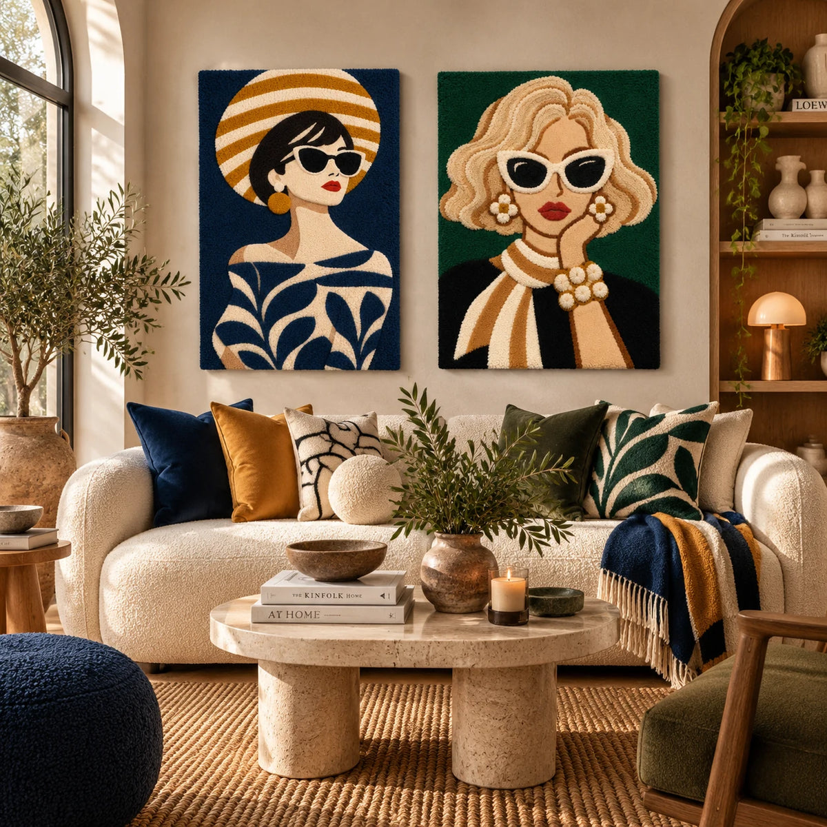 Navy Summer Muse × Pearl Hour in Emerald paired wool wall art in a styled room — Golden Sunglasses