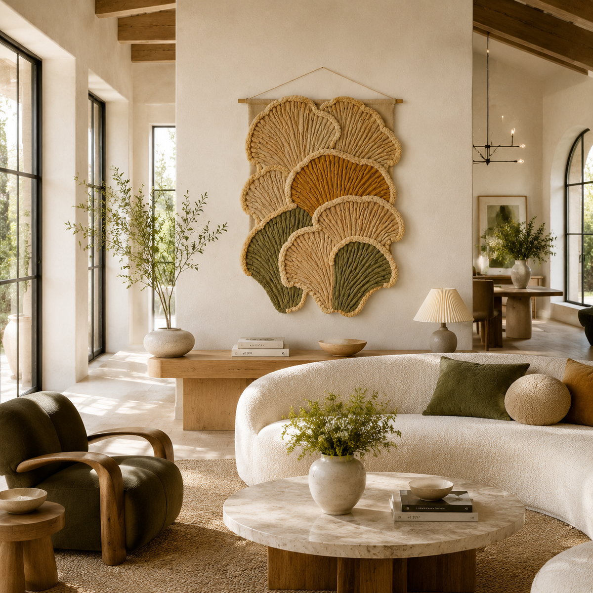 Hewn Earth Ginkgo Cascade wall art featuring a detailed botanical illustration of ginkgo leaves on a neutral background.