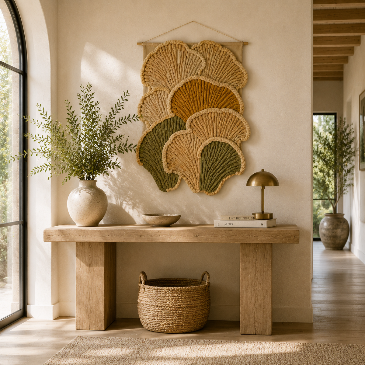 Hewn Earth Ginkgo Cascade wall art featuring a detailed, natural ginkgo leaf design in earthy tones on a wall.