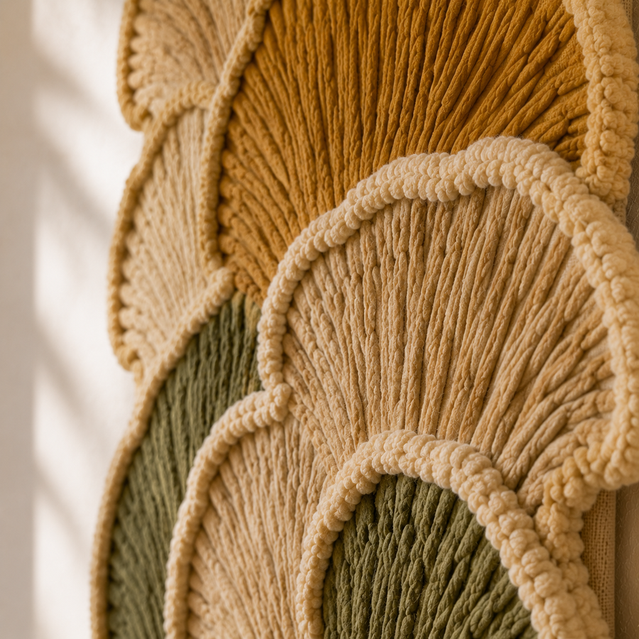 Hewn Earth Ginkgo Cascade wall art featuring a detailed botanical design in earthy tones on a neutral background.