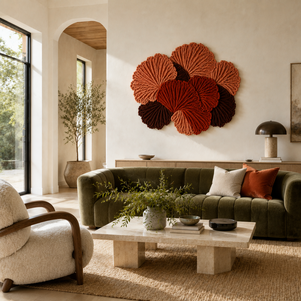 Hewn Earth Ember Bloom Cluster wall art featuring vibrant, abstract flower designs in warm tones on a textured background.