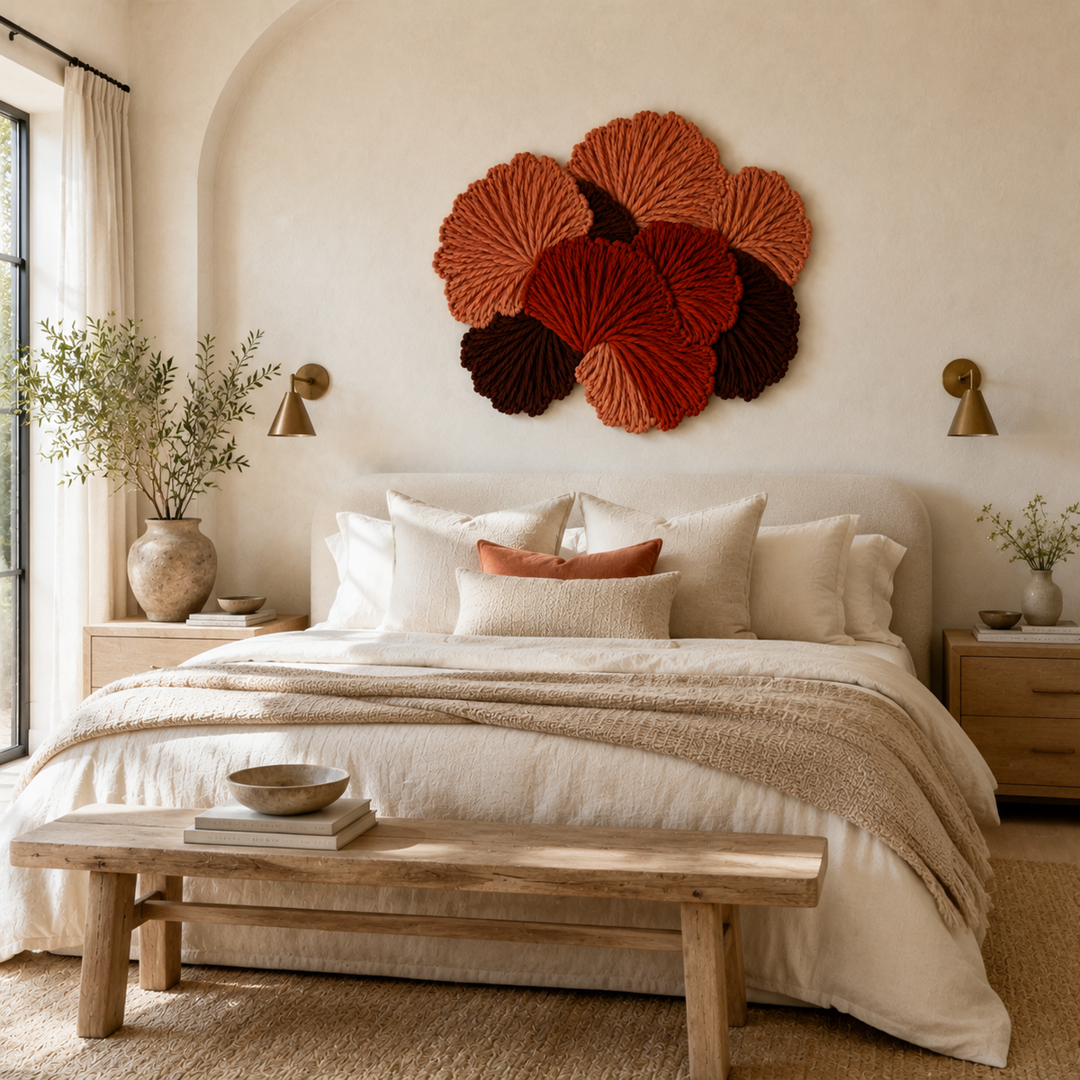 Hewn Earth Ember Bloom Cluster wall art featuring intricate, colorful abstract floral design on a textured background.