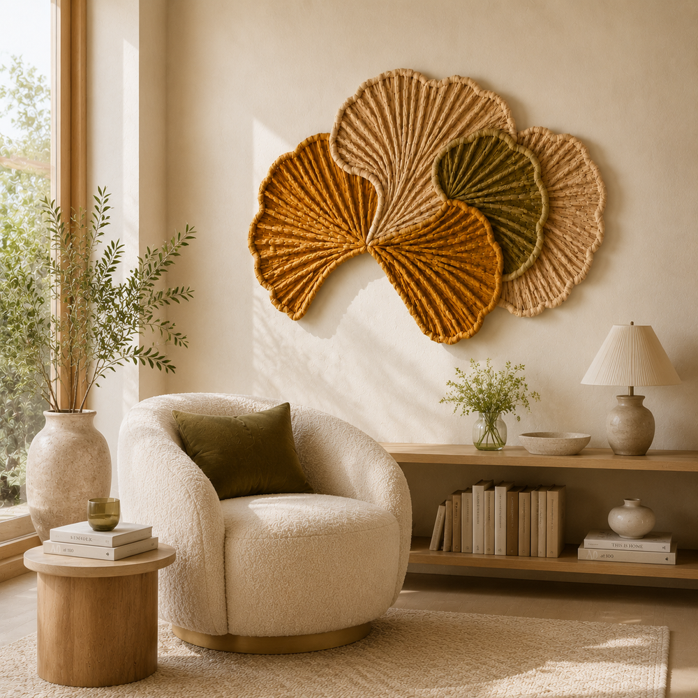 Hewn Earth Ginkgo Fold wall art featuring a modern, abstract design in earthy tones, perfect for contemporary home decor.