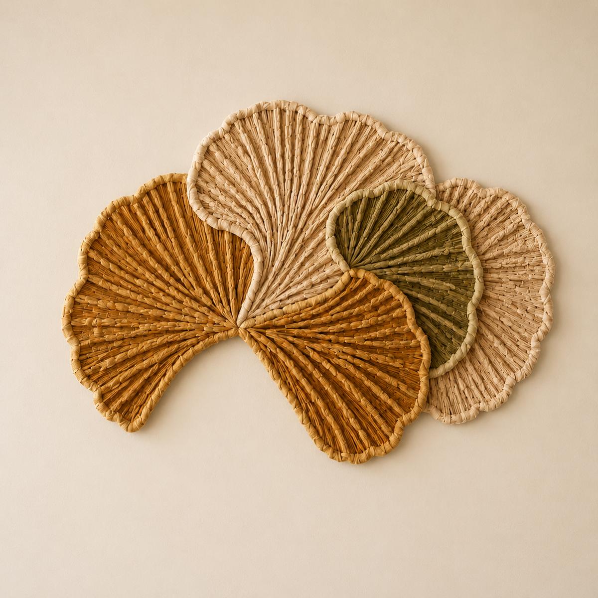 Hewn Earth Ginkgo Fold wall art featuring intricate ginkgo leaf design in natural wood tones, mounted on a neutral background.