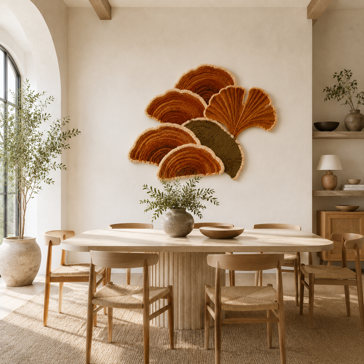 Rust-colored wall art featuring abstract fan leaf design by Hewn Earth, ideal for modern home decor.