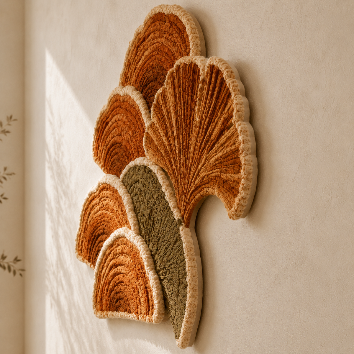 Rust-colored fan leaves wall art by Hewn Earth featuring textured, abstract leaf shapes on a neutral background.