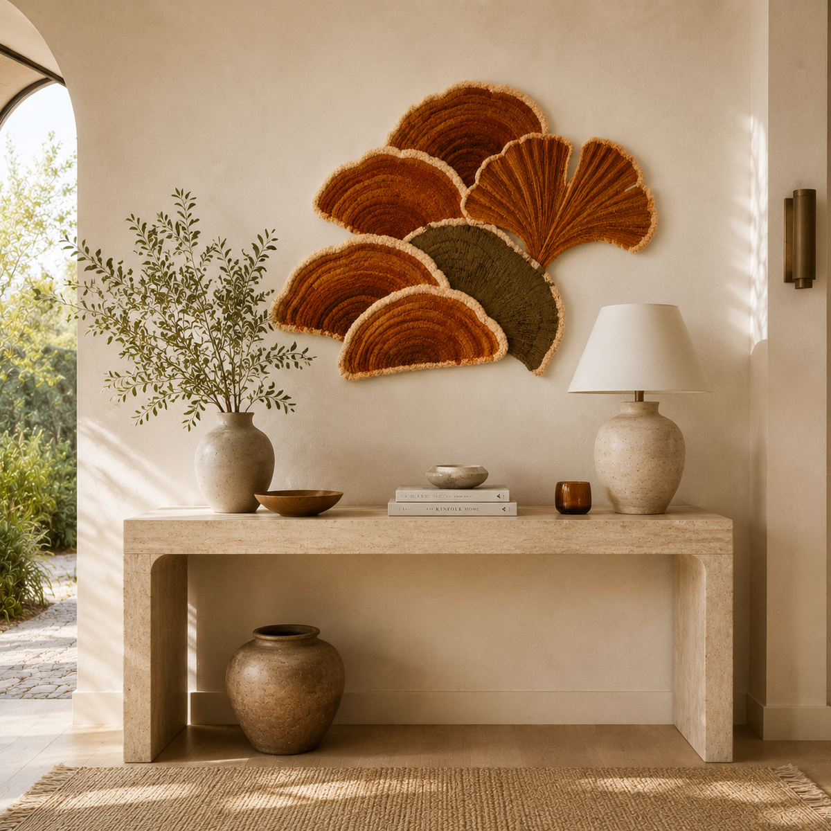 Rust-colored wall art featuring abstract fan leaf design by Hewn Earth for decorative home decor.