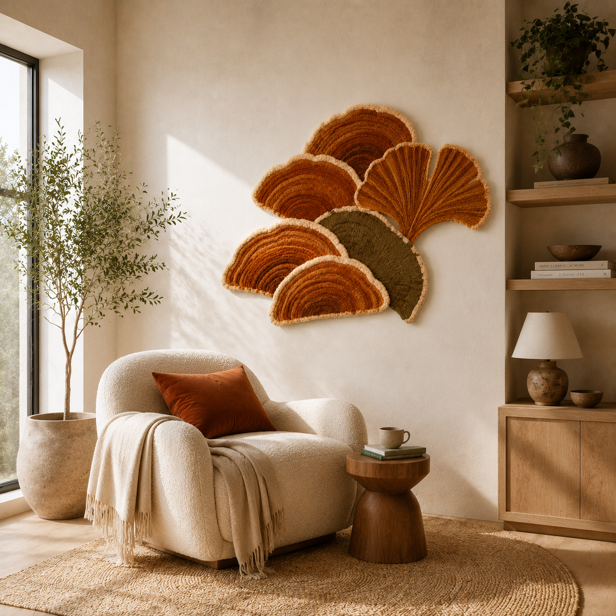 Rust-colored fan leaves wall art by Hewn Earth featuring abstract leaf shapes on a textured background.